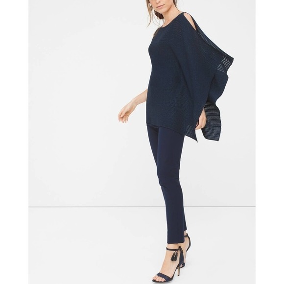 White House Black Market Asymmetric Drape Sleeve Shimmer Sweater Blue Medium - Picture 14 of 15
